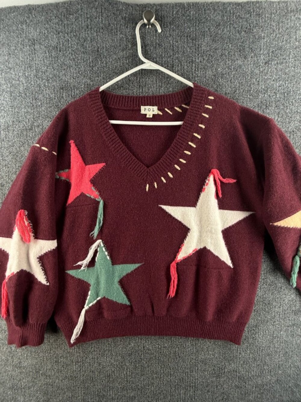 NWOT POL Sweater Small Maroon Soft Knit Colorful V-neck Acrylic Blend Stars